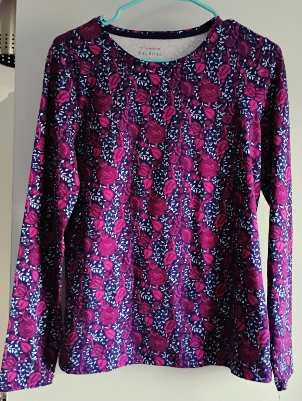 Talbots Floral Long-Sleeve Crewneck Top in Deep Magenta and Navy